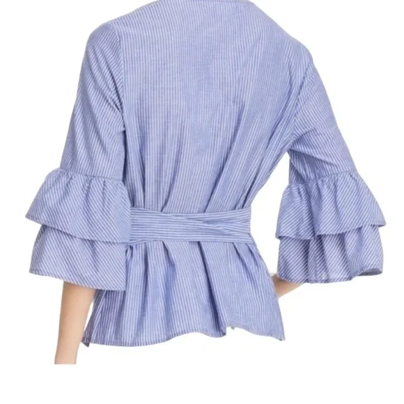 BEACH Lunch Lounge Collection Cotton Faux Wrap Shirt SzM Blue White Pin Stripe - Picture 16 of 16